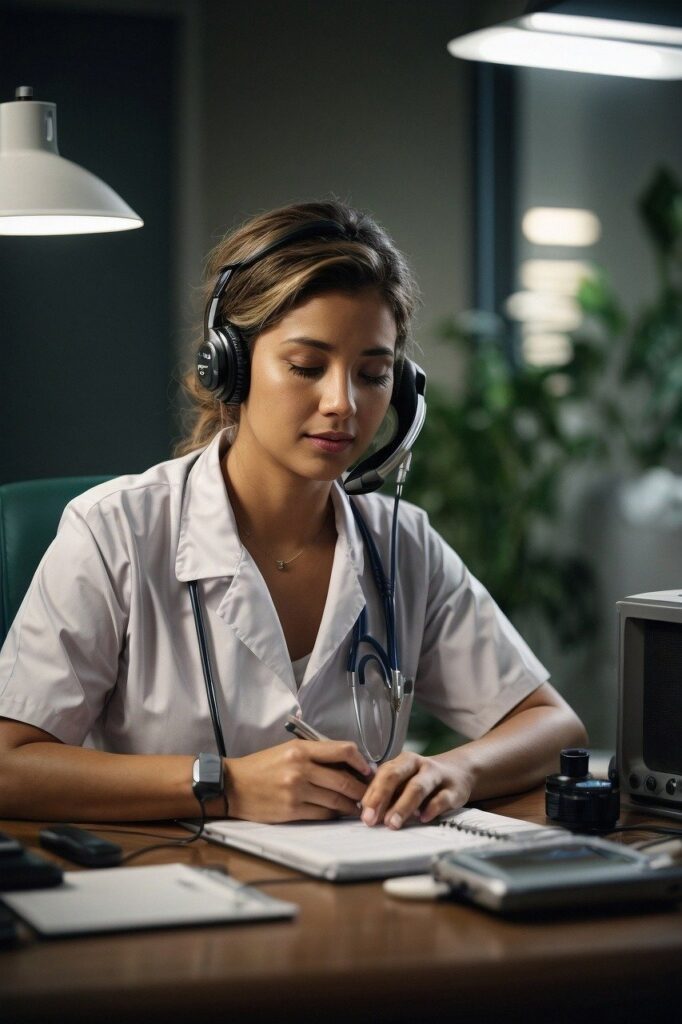 A female doctor in a white coat sitting at a desk and write something on her notebook.